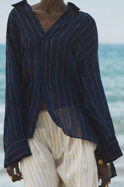 Dark Blue Casual Loose Long Sleeve Striped Shirt