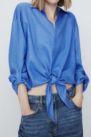 Knotted Cozy Chic Casual Blue Long Sleeve Shirt
