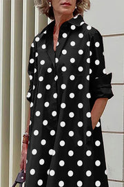 Polka Dot Print Casual Midi Shirt Dress-Black