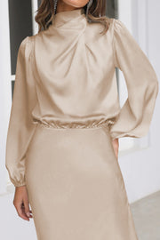 Luxurious Satin High Neck Pleated Elegant Long Sleeve Dress