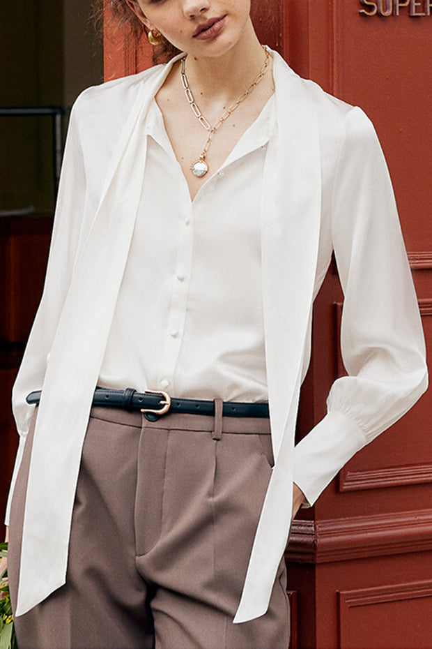Pearl White Bow Collar Loose Long Sleeve Silk Shirt
