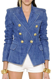 Double Breasted Lion Button Denim Tailored Jacket