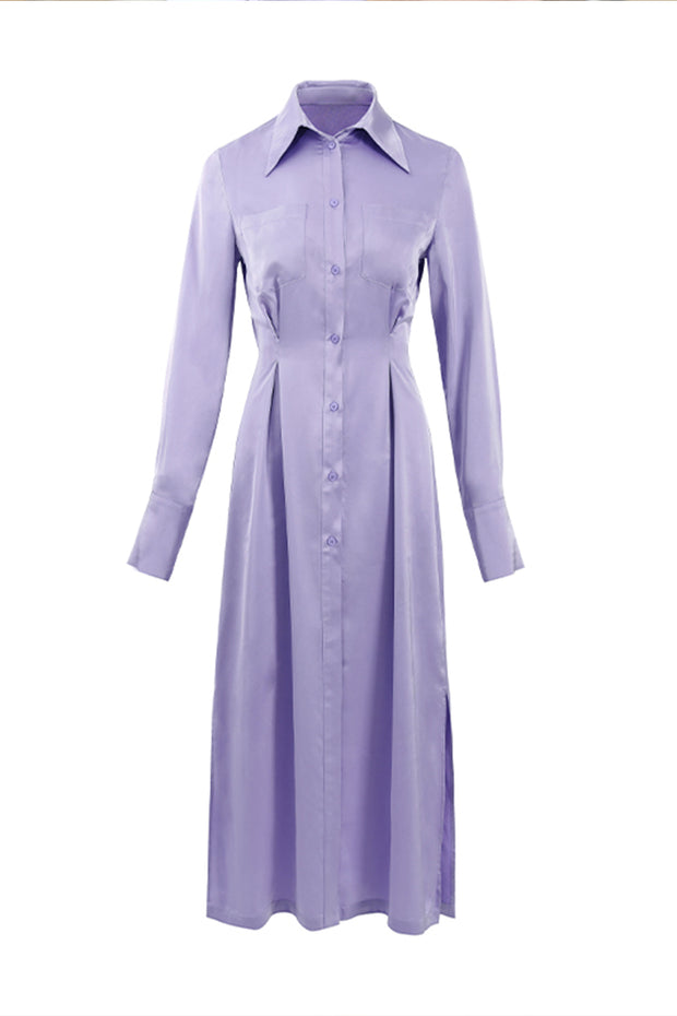 Vintage Satin Drape Slim Waist Shirt Dress