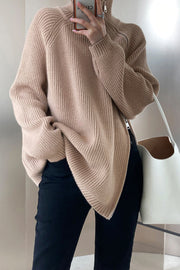 Double Slanted Zipper Slit Turtleneck Sweater-Khaki