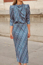Geometric Print Slit Long Skirt Advanced Sense Waist Dress-Sky Blue