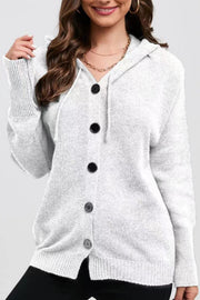 Hooded Button-Breasted Drawstring Knit Cardigan Sweater Coat