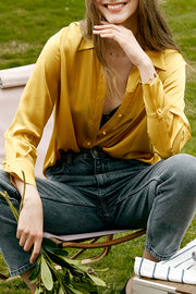 Gold Silk Top Long Sleeve Covered Button Shirt