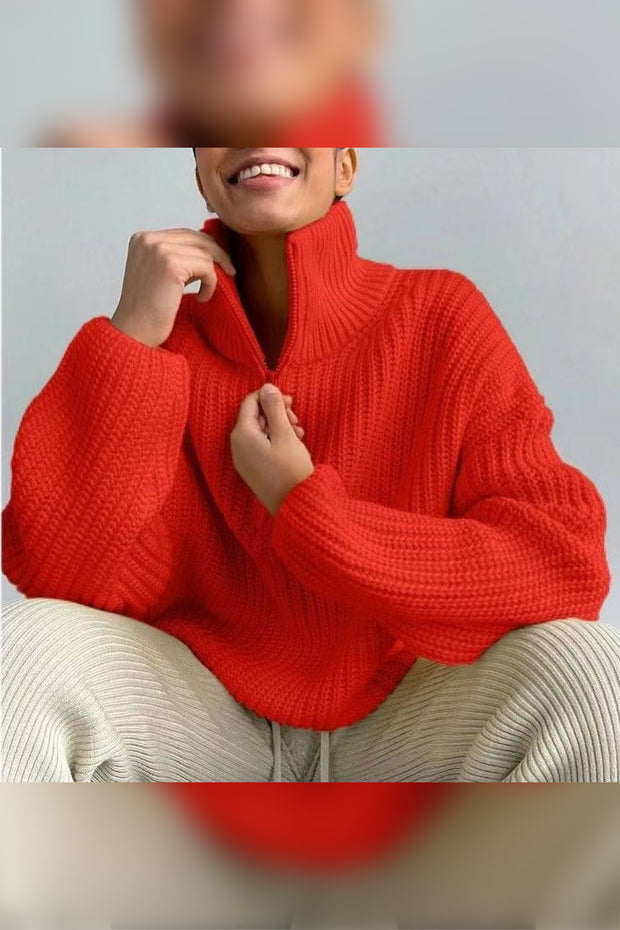 Turtleneck Pullover Zip-Up Oversized Fit Knit Sweater Top-Red