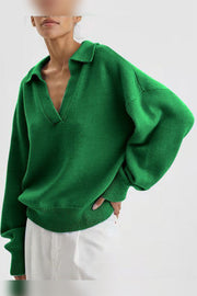 Long-Sleeve Knitted POLO Collar Pullover Knitted Top-Green