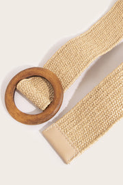 Round Dark Wood Buckle QQ Straw Woven Elastic Waist Belt