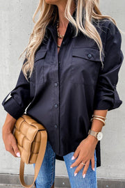 Women's Decorative Pocket Comfortable Short Sleeve Shirt - Black