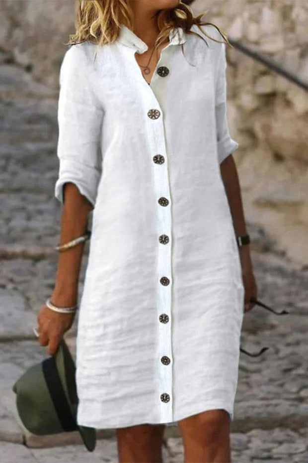 Mid-Length Comfortable Casual Shirt Dress - White