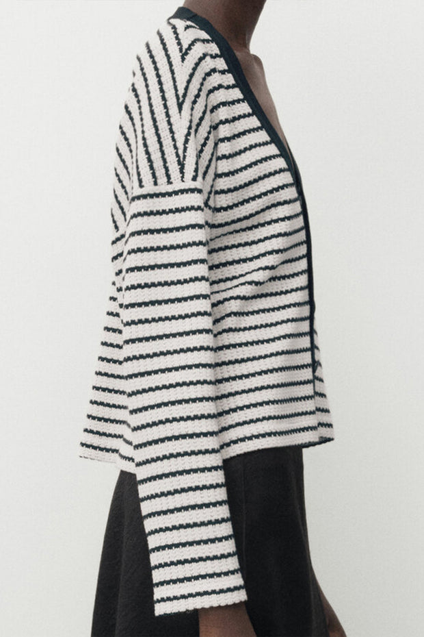 Short V-neck Striped Knit Cardigan