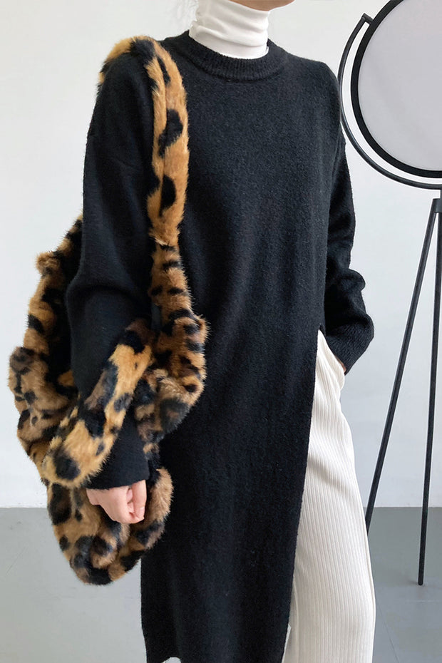 Chic Hem Slit Mid-Length Sweater-Black