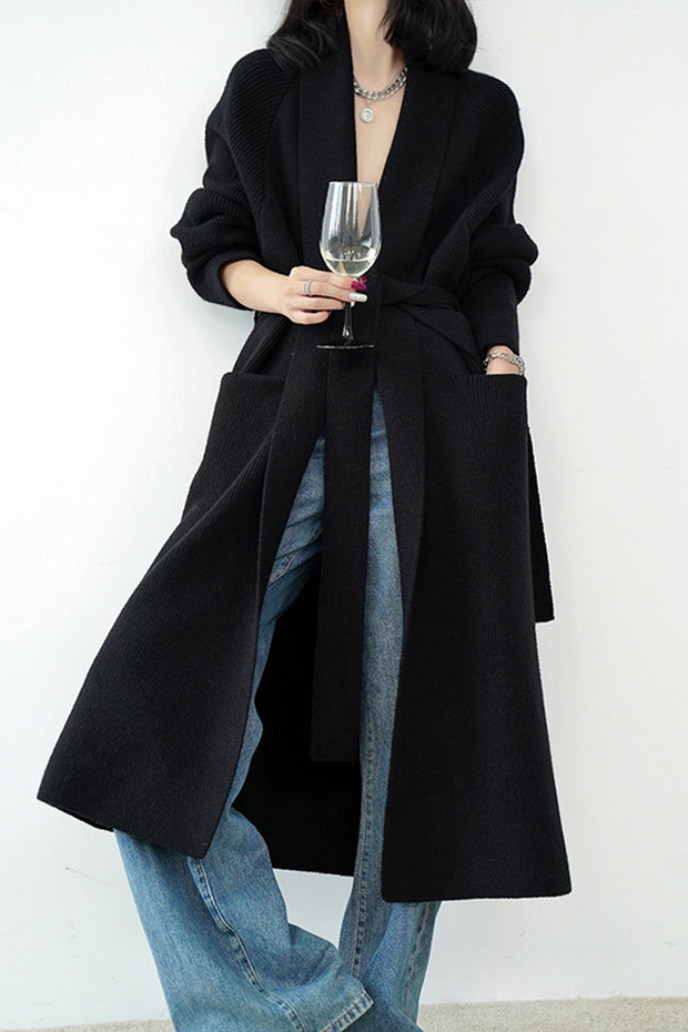 Black Loose Lapel Knit Mid-Length Coat