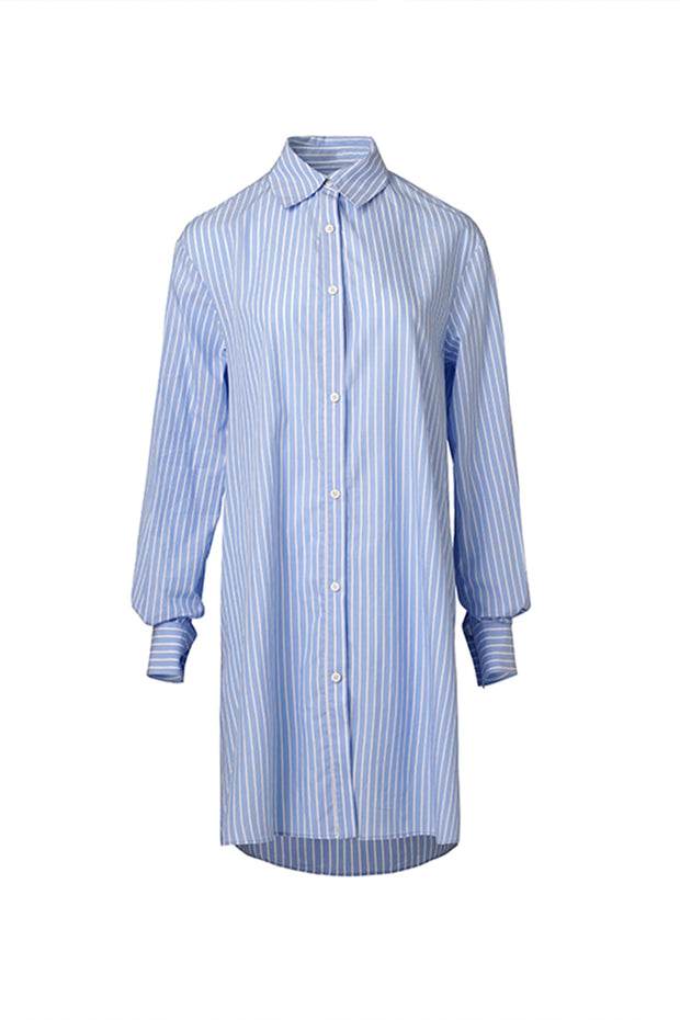 Blue And White Loose Small Turned Stripe Collar Shirt