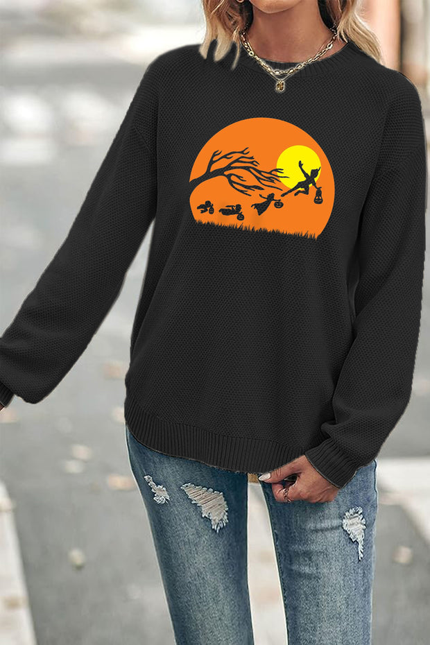 Witch Print Crew Neck Waffle Pullover Jumper Sweater
