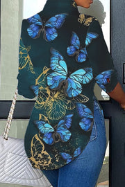 Noble Dark Butterfly Print Curved Hem Button-up Shirt
