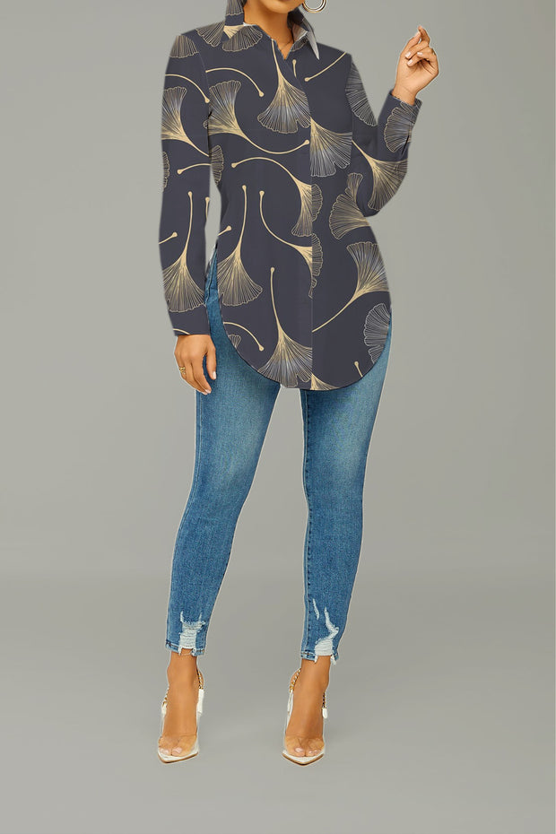 Gold Ginkgo Leaf Print Curved Hem Button-up Shirt