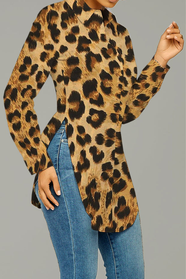 Sexy Leopard Print Curved Hem Button-up Shirt