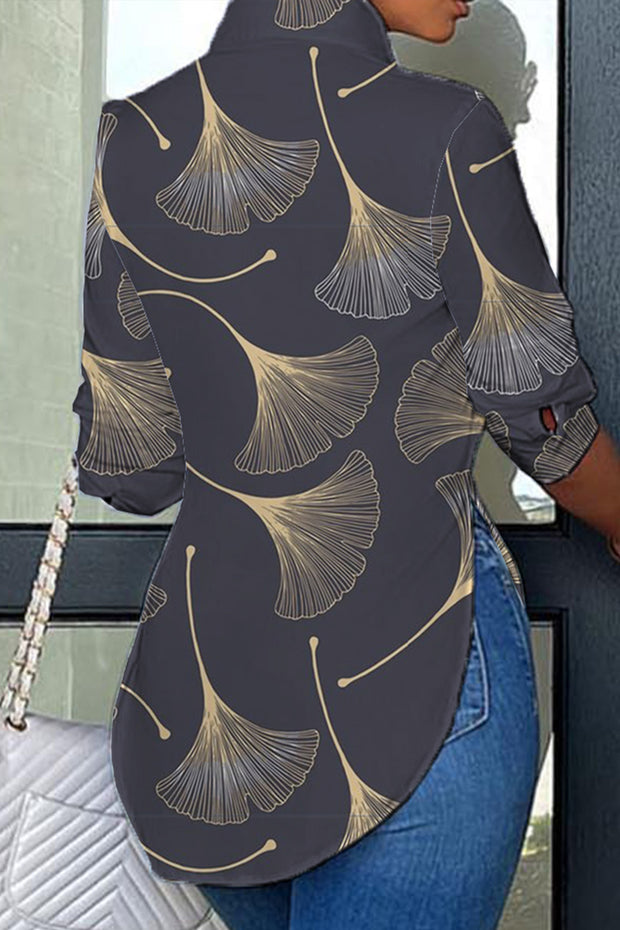 Gold Ginkgo Leaf Print Curved Hem Button-up Shirt