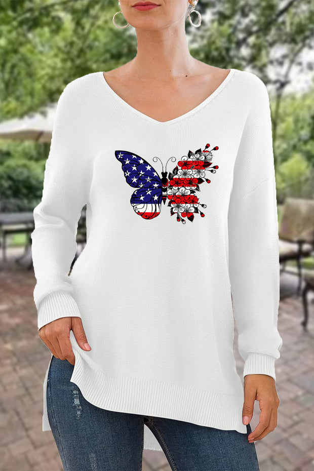 Butterfly Floral Flag Print V-Neck Side Split Loose Knit Pullover Sweater
