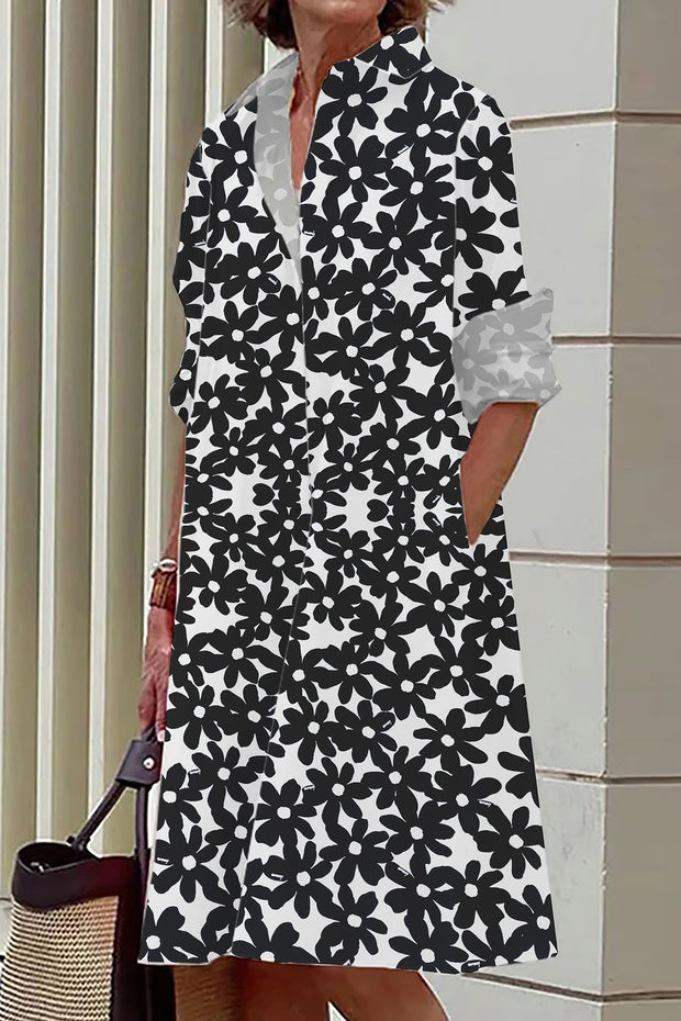 Black And White Flowers Print Casual Mid-Length Shirt Dress