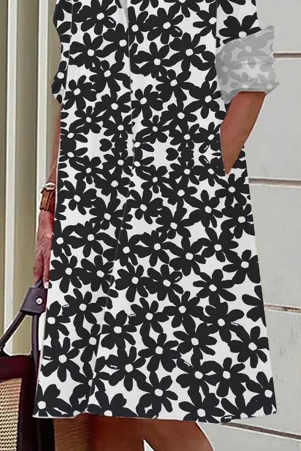 Black And White Flowers Print Casual Mid-Length Shirt Dress