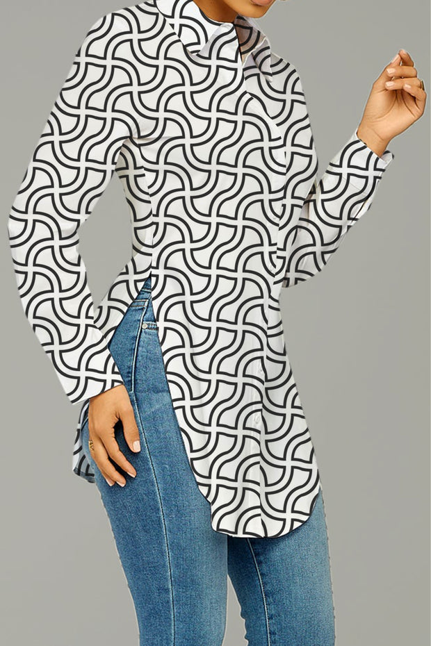 Abstract Curve Print Curved Hem Button-up Shirt