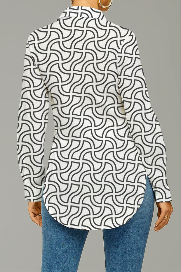 Abstract Curve Print Curved Hem Button-up Shirt