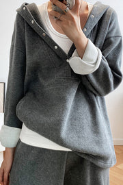 Button Hooded Loose Sweatshirt-grey