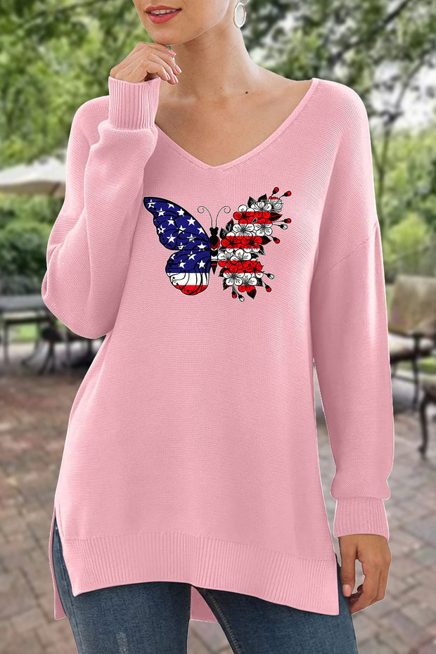 Butterfly Floral Flag Print V-Neck Side Split Loose Knit Pullover Sweater