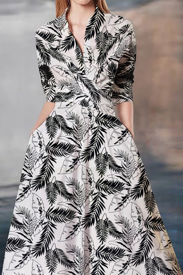 Irregular Palm Leaf Print Waist-cinching Umbrella Hem Maxi Dress-White