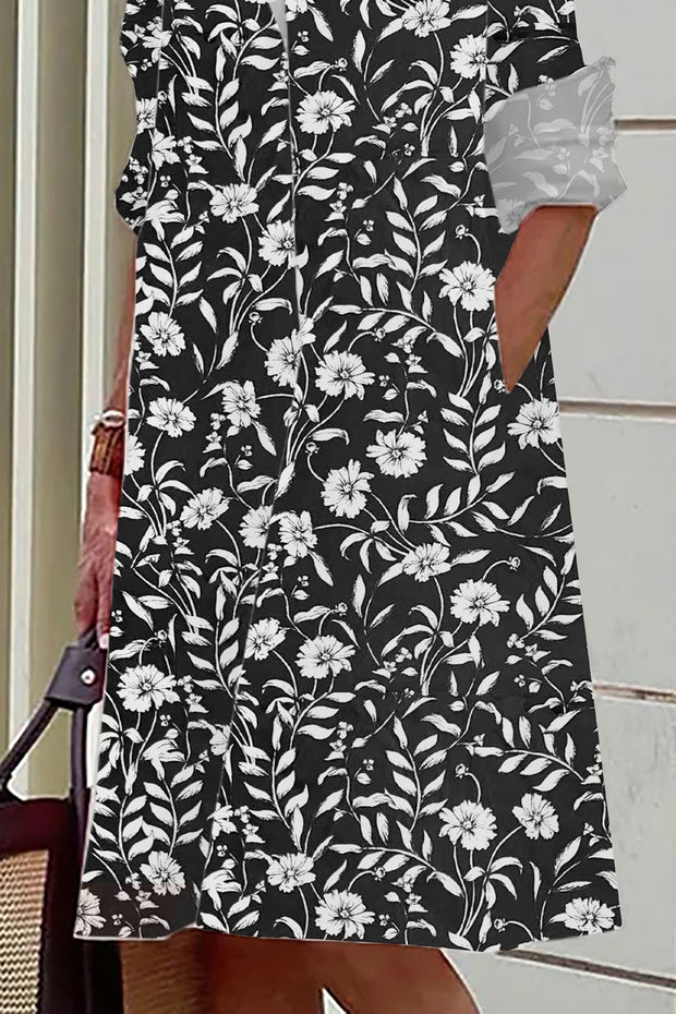 Black Messy Floral Print Casual Mid-Length Shirt Dress