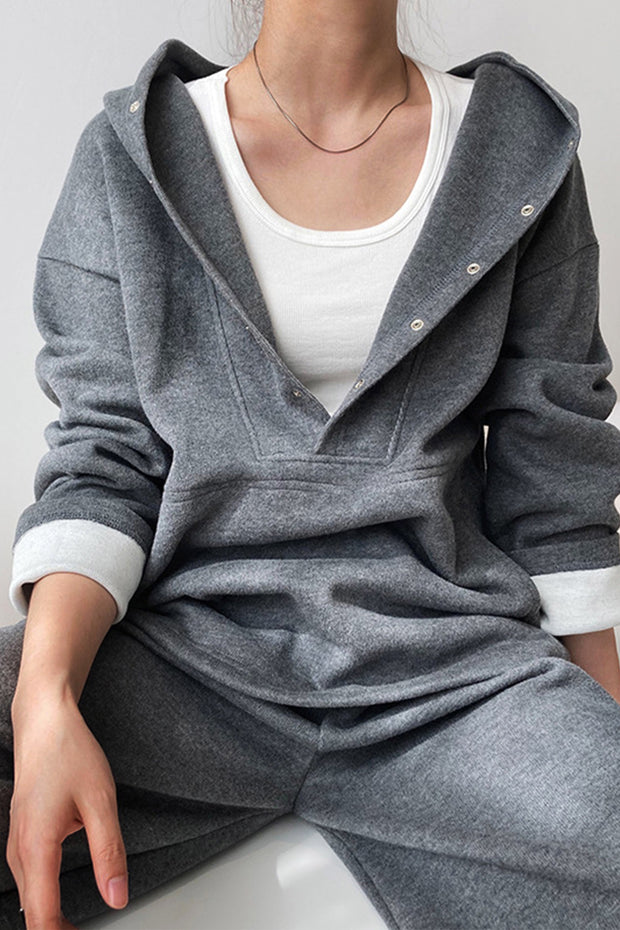Button Hooded Loose Sweatshirt-grey