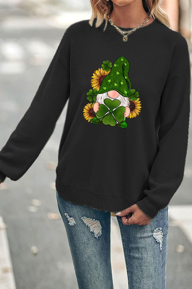 Shamrock Gnome With Sunflowers Digital Crew Neck Waffle Pullover Jumper Sweater