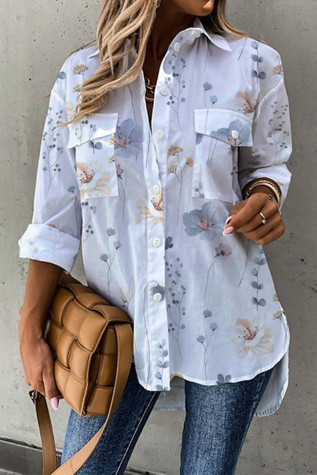 Small fresh flower print Women's Decorative Pocket Comfortable Short Sleeve Shirt
