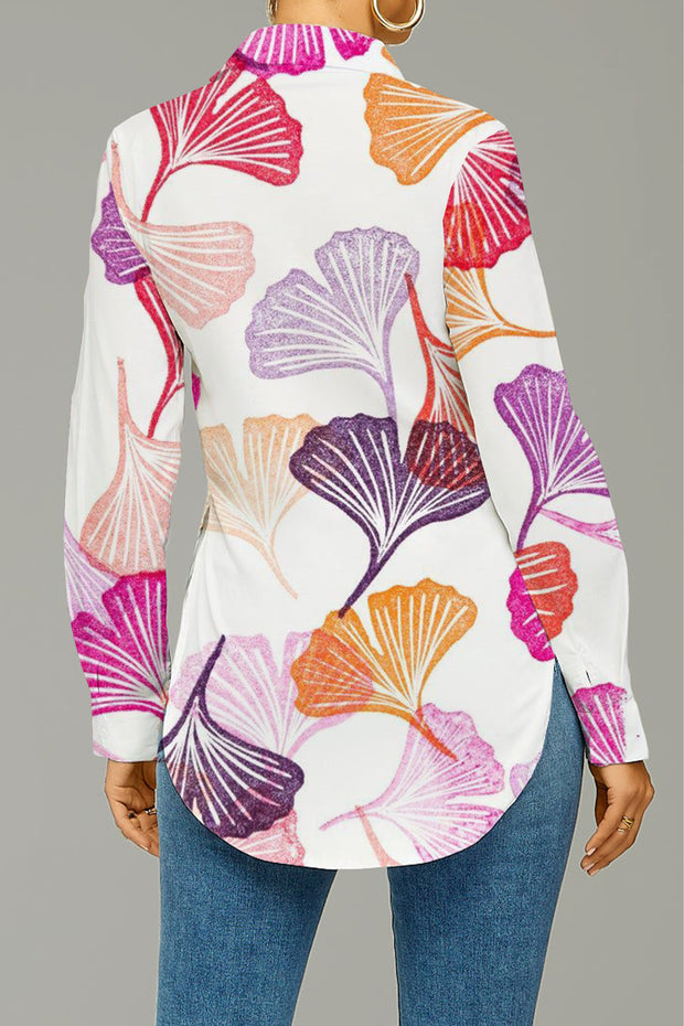 Colorful Ginkgo Biloba Print Curved Hem Button-up Shirt