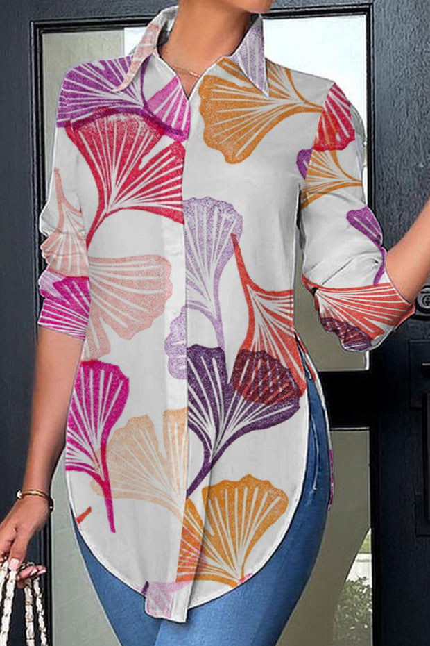 Colorful Ginkgo Biloba Print Curved Hem Button-up Shirt
