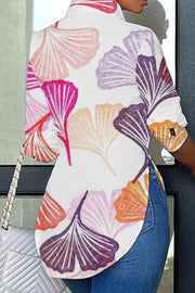 Colorful Ginkgo Biloba Print Curved Hem Button-up Shirt