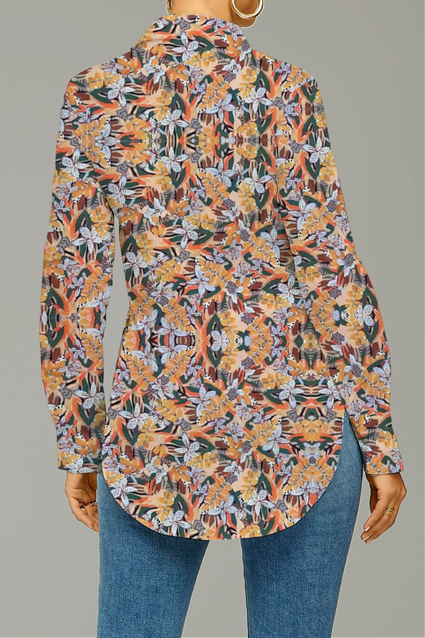 Orange Leaf Floral Print Curved Hem Button-up Shirt