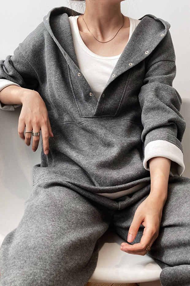 Button Hooded Loose Sweatshirt-grey