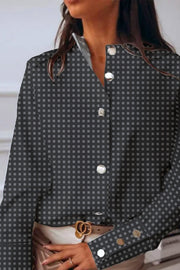 Classic Plaid Print Elegant Long-Sleeved Small High Collar Metal Buttons Shirt