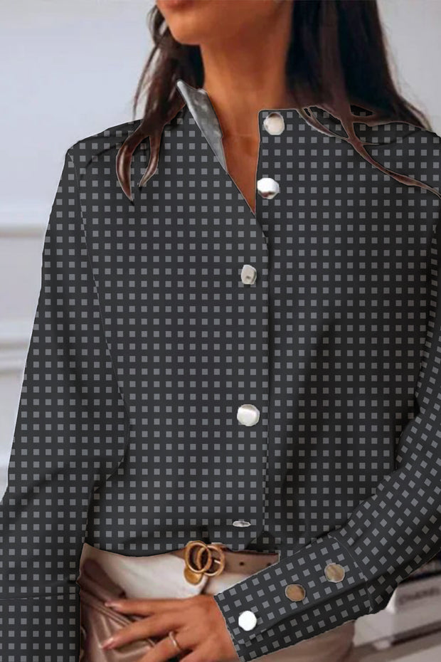 Classic Plaid Print Elegant Long-Sleeved Small High Collar Metal Buttons Shirt