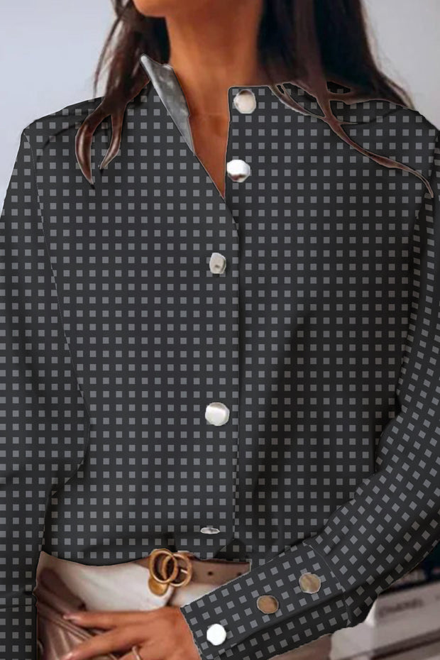Classic Plaid Print Elegant Long-Sleeved Small High Collar Metal Buttons Shirt