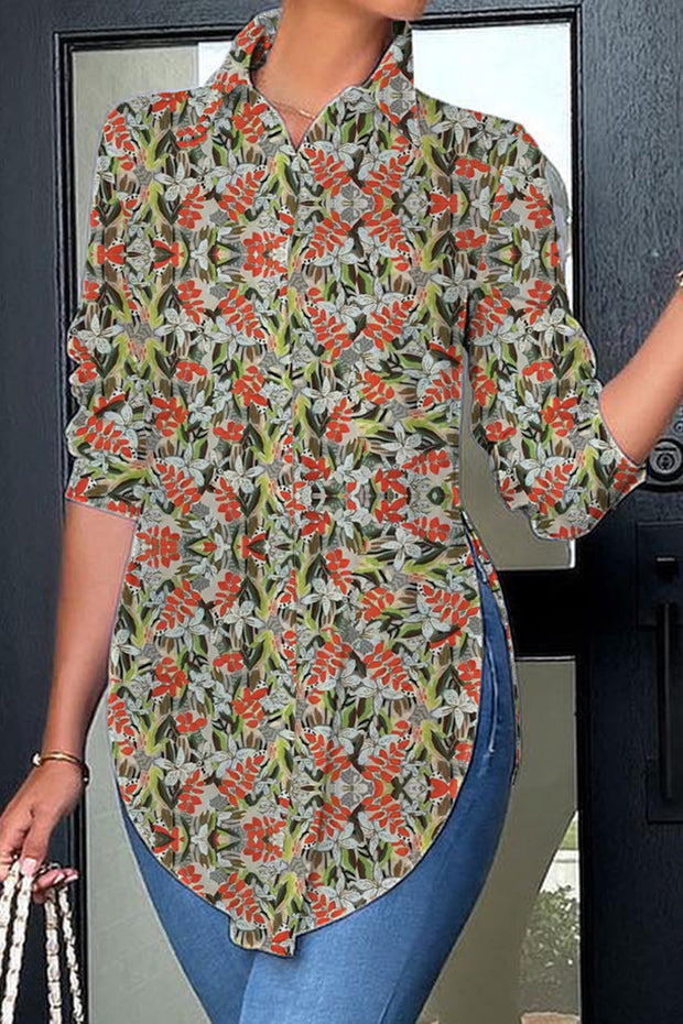 Green leaf floral Print Curved Hem Button-up Shirt