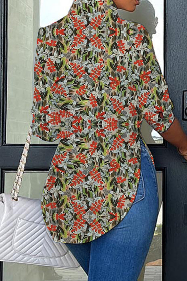 Green leaf floral Print Curved Hem Button-up Shirt