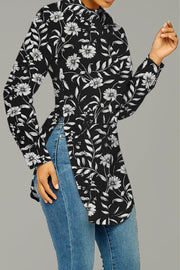 Black Messy Floral Print Curved Hem Button-up Shirt