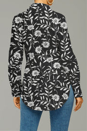 Black Messy Floral Print Curved Hem Button-up Shirt
