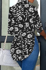 Black Messy Floral Print Curved Hem Button-up Shirt